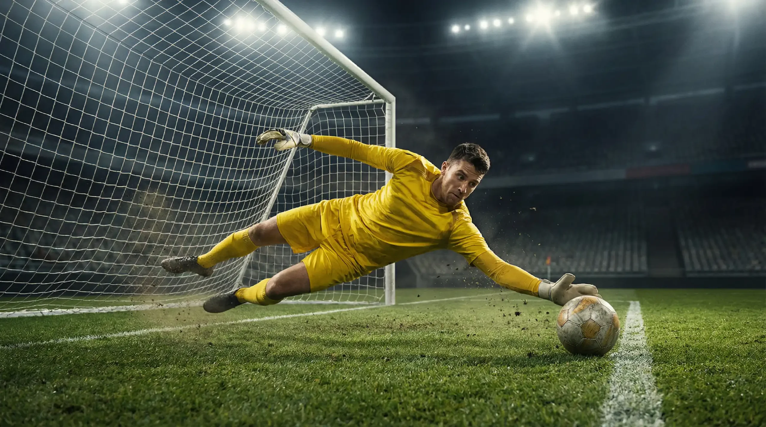 Gol No Gol scommesse calcio: portiere che para un tiro in porta su campo da gioco verde