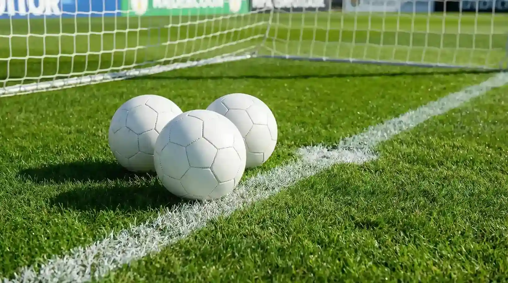 Over under 2.5 scommesse calcio: tre palloni da calcio sul terreno verde vicino alla linea di porta