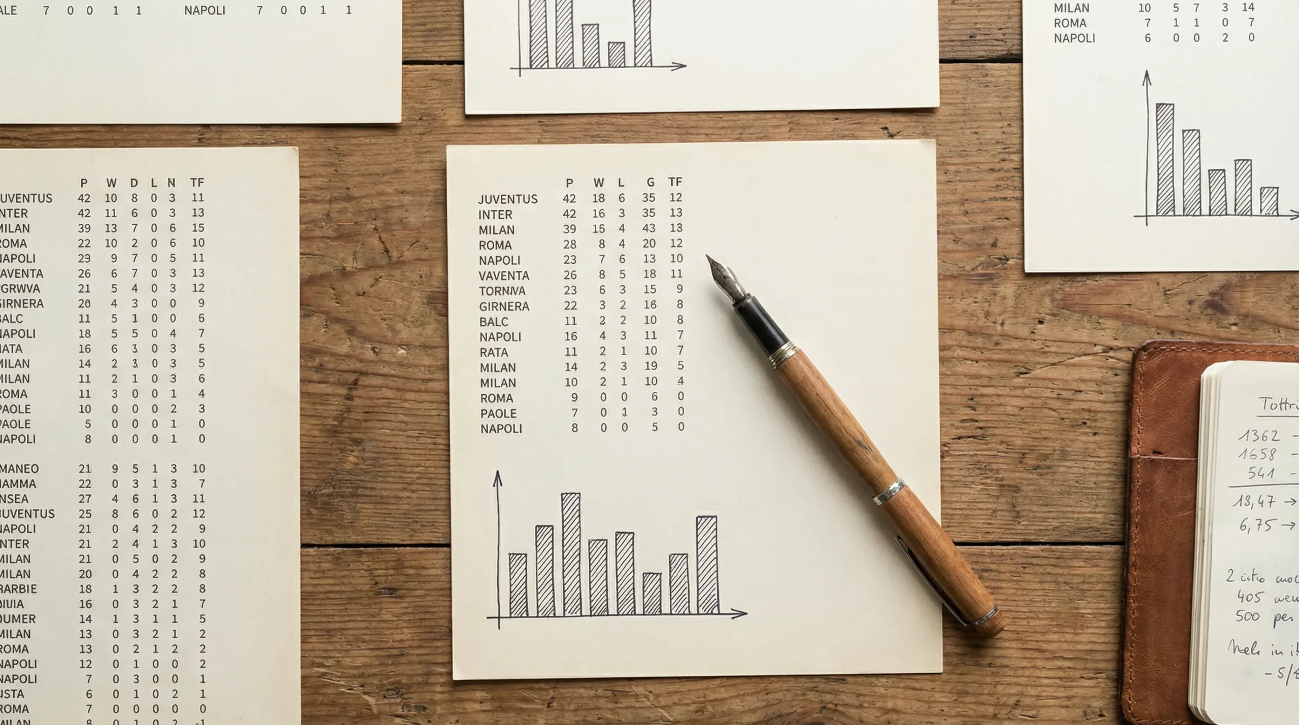 Statistiche calcio per scommesse: tavolo con fogli di dati partita, grafici a barre semplici e penna