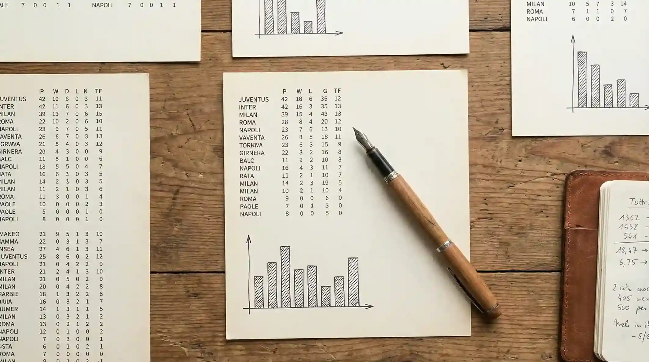 Statistiche calcio per scommesse: tavolo con fogli di dati partita, grafici a barre semplici e penna